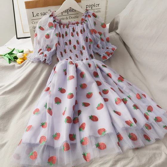 Strawberry Dream Puff Sleeve Midi Dress
